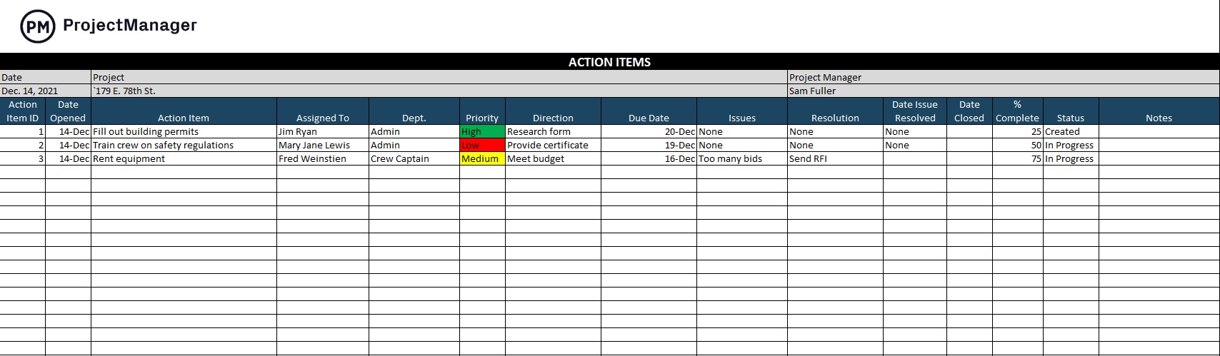 action items template for Excel