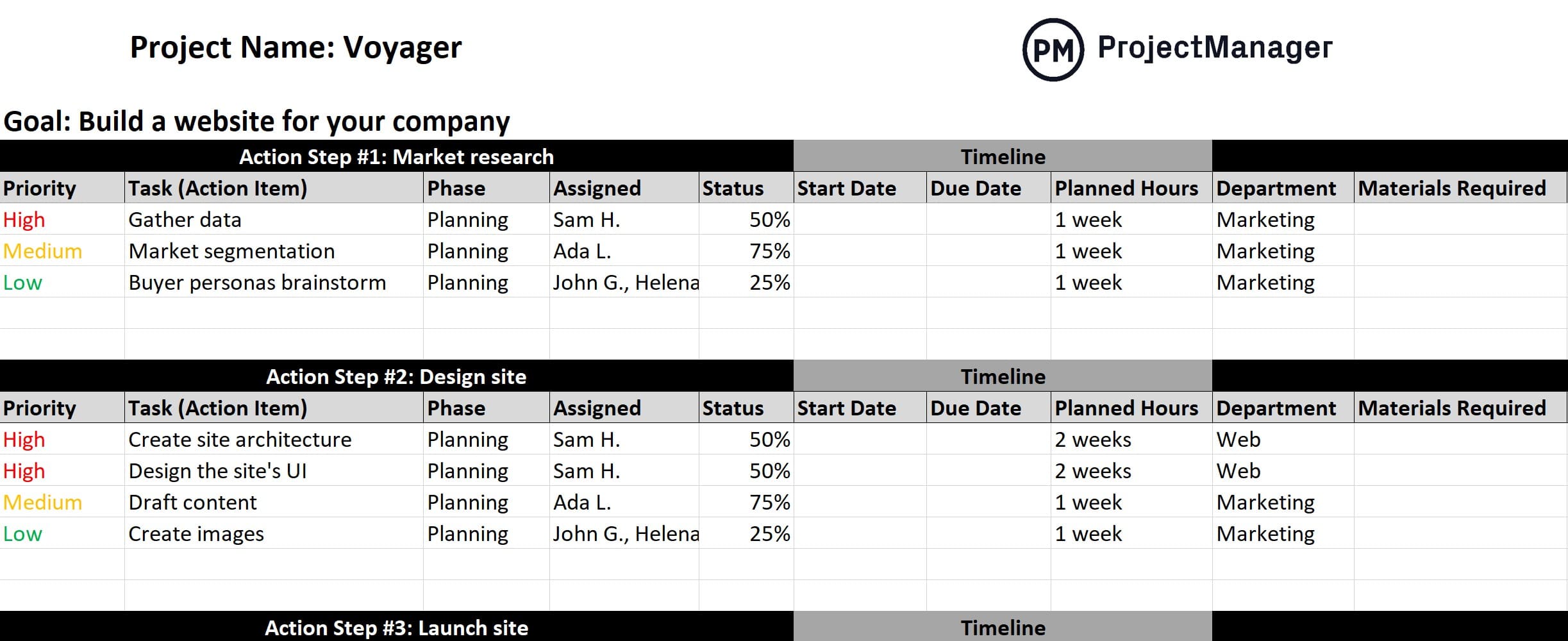 Action plan template for Excel