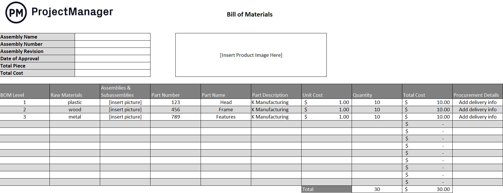 Free bill of materials template for Excel
