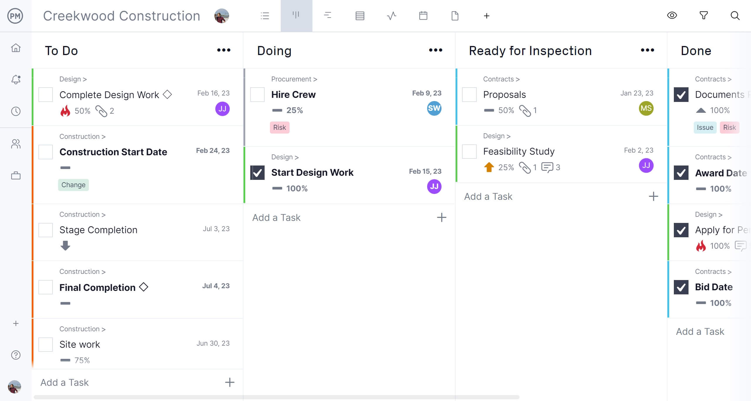 Screenshot of the kanban board in ProjectManager