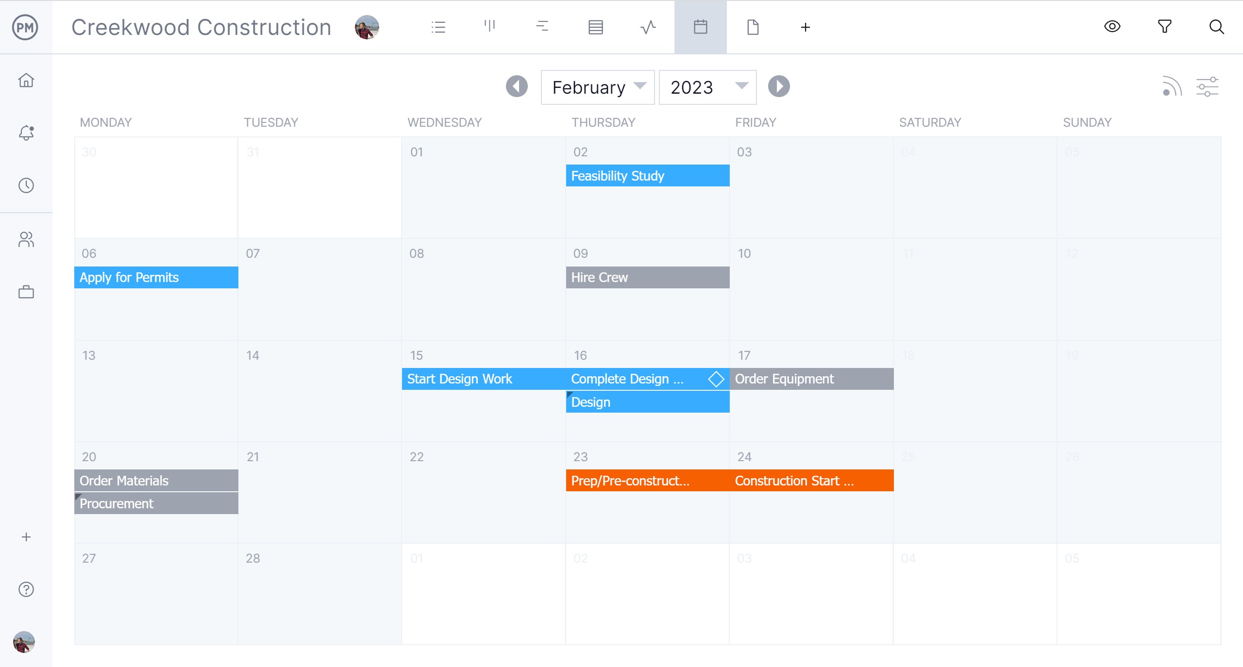 Calendar view in ProjectManager