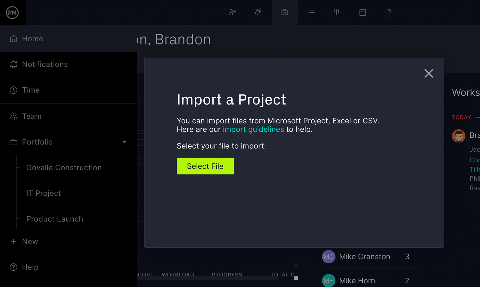 ProjectManager's import a project popup