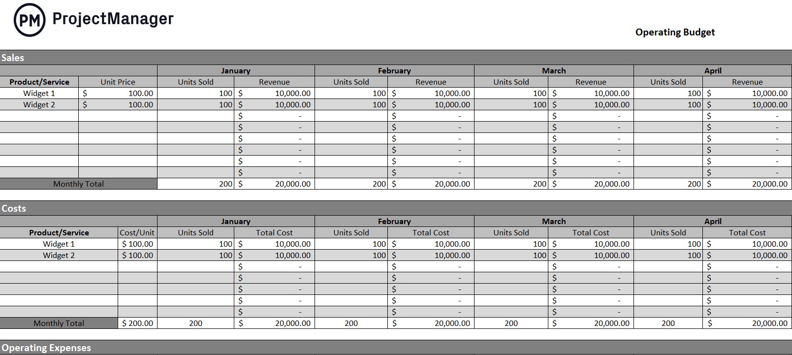 Operating budget tracking spreadsheet for Excel