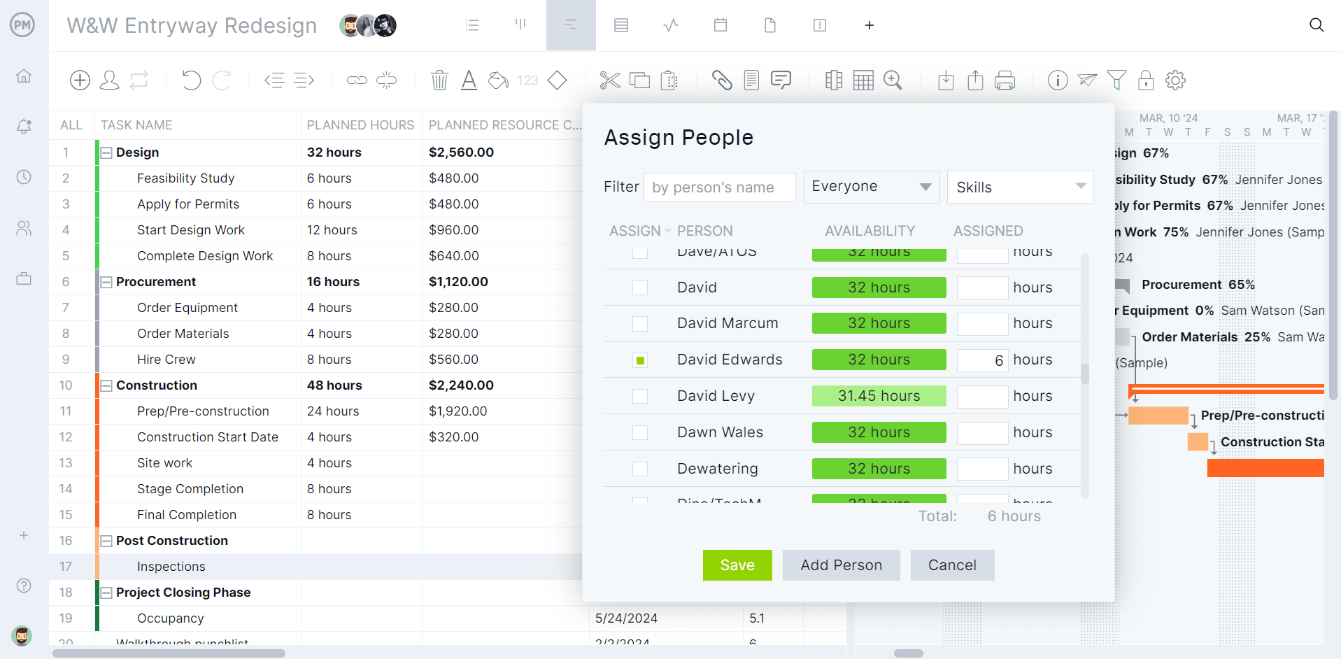 Assign tasks on a Gantt chart for planning and tracking