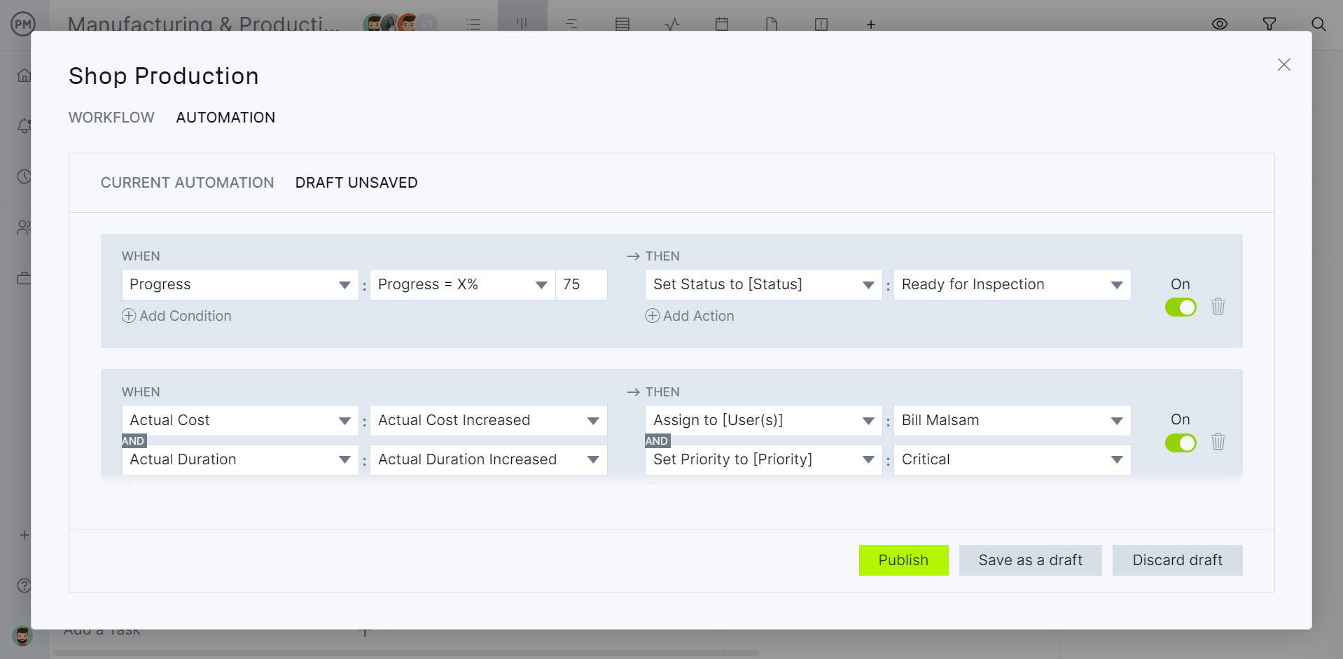 Workflow automation in ProjectManager