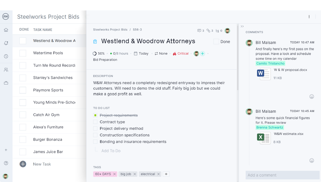 Task list with open task card for collaboration in ProjectManager