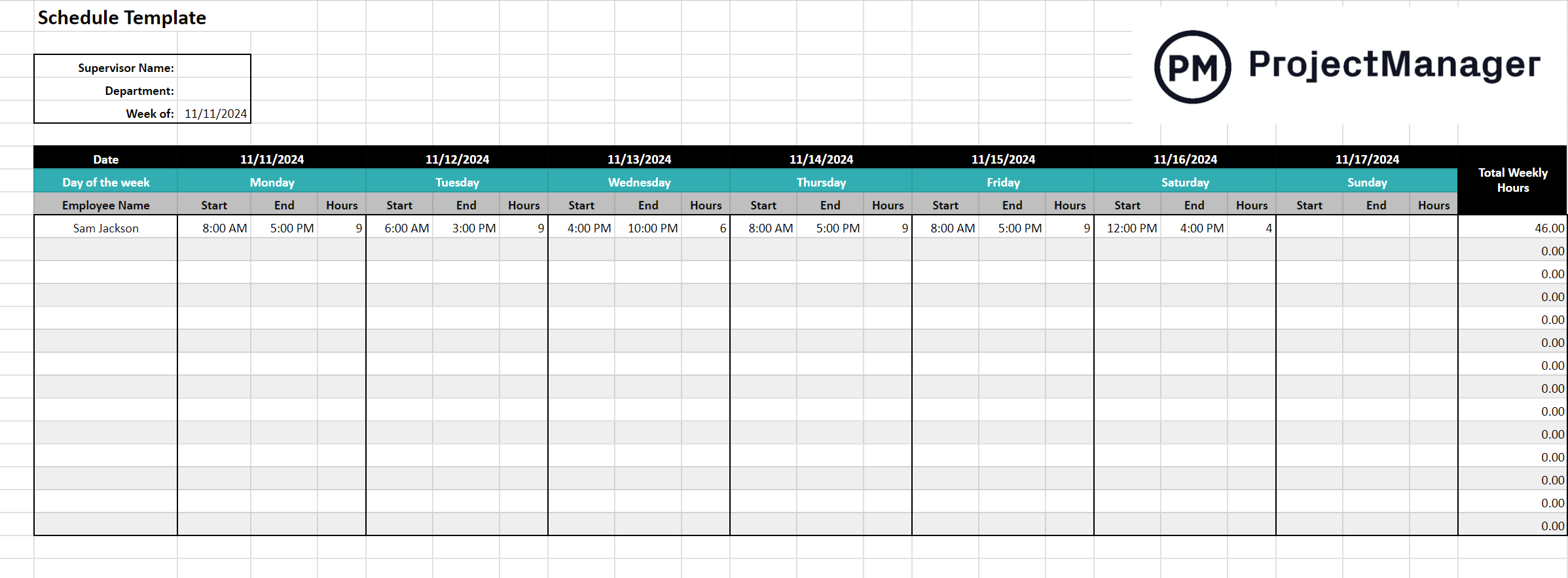Schedule template for Google Sheets