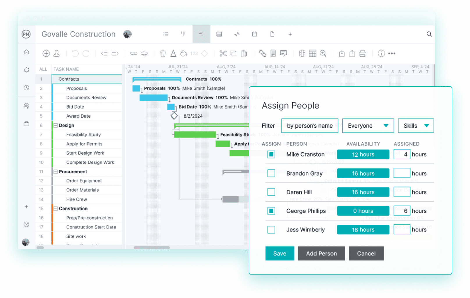Resource planning software with a real-time Gantt chart